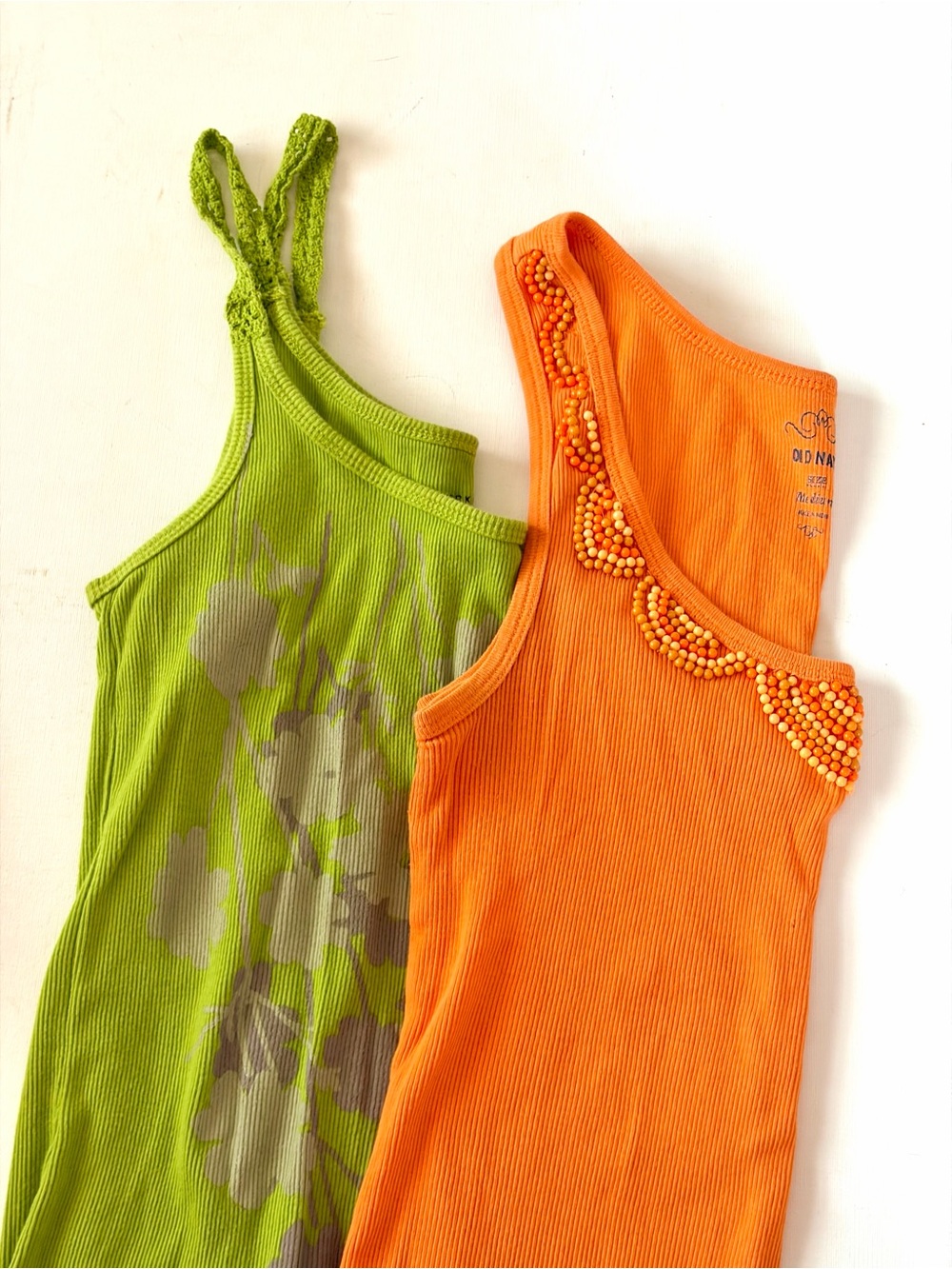 Orange Beaded Tank + Green Floral Ribbed Tank - Set